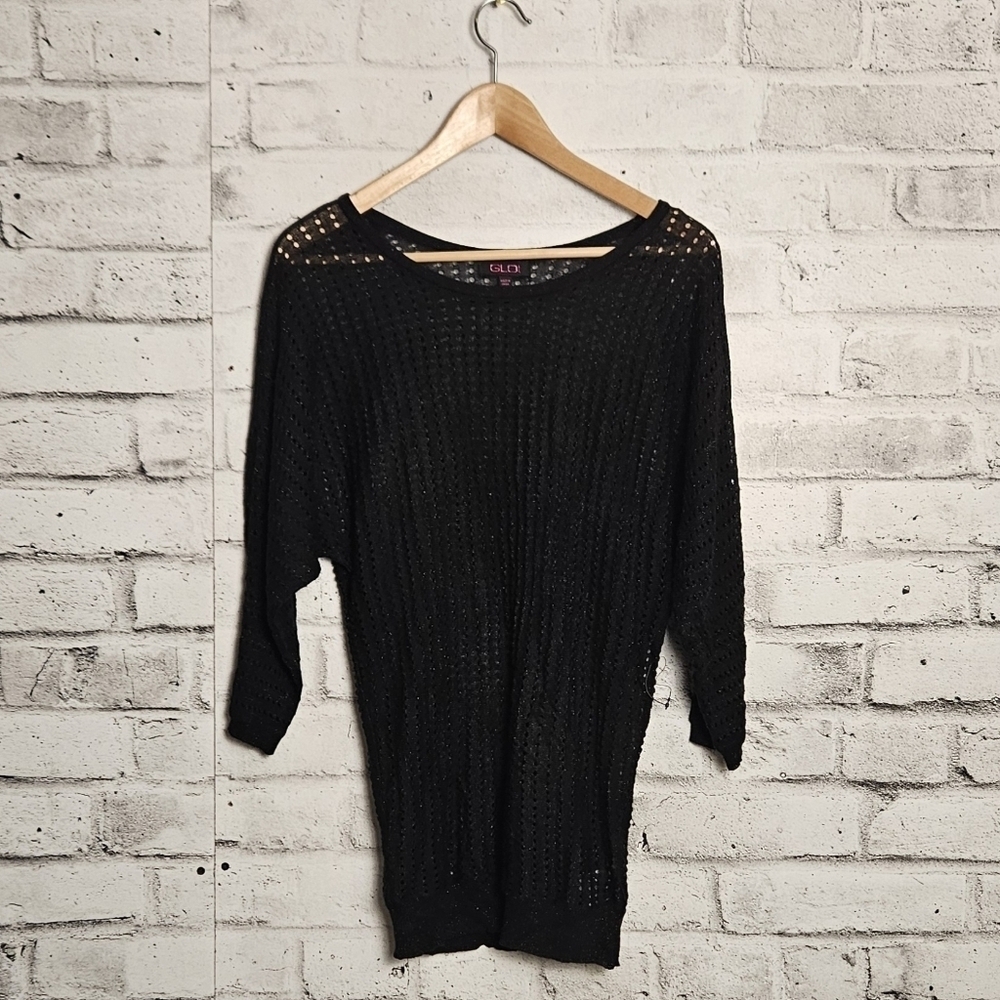 Glo Jeans Black Mesh Knit Long Sleeve Top Layering Sweater Size M